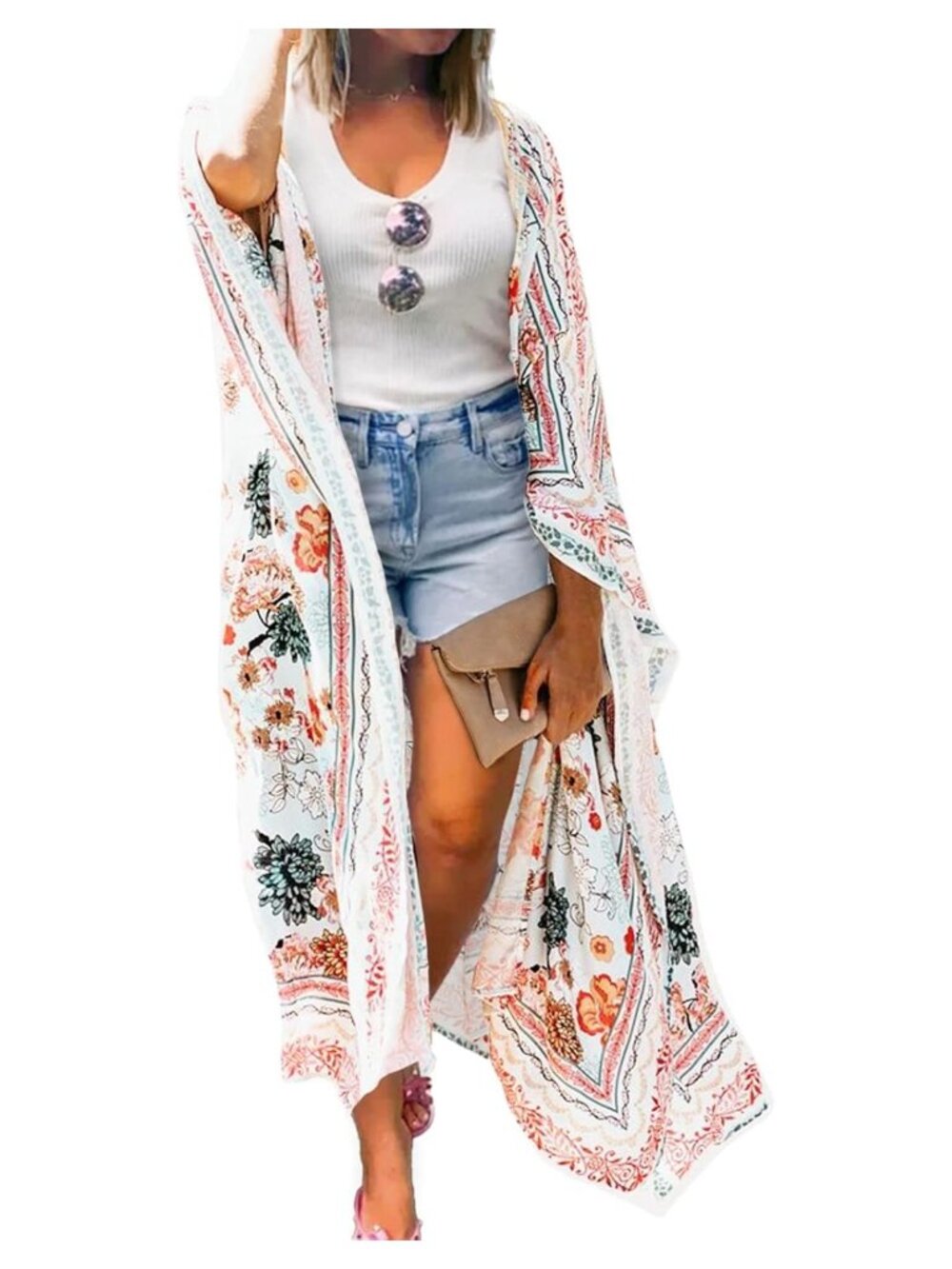 Women's Long Lightweight Chiffon Kimono Swim Cover Up Boho Beach Cardigan